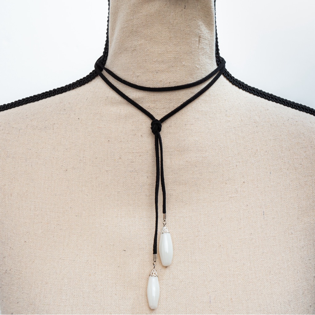 Vintage Choker Faux Black Suede Leather Style And Oblong Beads 90s Minimalist